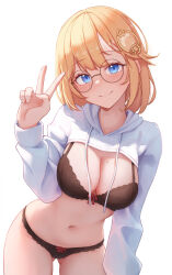 Rule 34 | 1girl, absurdres, blue eyes, breasts, cleavage, glasses, highres, hololive, hololive english, medium hair, shironekokfp, simple background, smile, solo, underwear, virtual youtuber, watson amelia