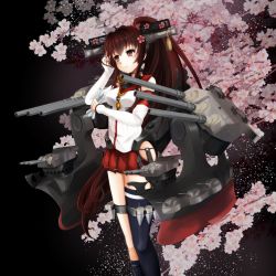 Rule 34 | 10s, 1girl, ammunition, anchor, anti-aircraft, anti-aircraft gun, aya00, bad id, bad pixiv id, black thighhighs, blush, breasts, brown eyes, brown hair, cannon, cherry blossoms, detached sleeves, flower, hair flower, hair ornament, highres, kantai collection, long hair, paper, personification, ponytail, radar, single thighhigh, skirt, smile, solo, thighhighs, turret, very long hair, yamato (kancolle)
