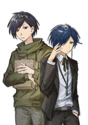 Rule 34 | 2boys, aiba ibuki, bag, belt, black hair, black jacket, black pants, blue eyes, blue hair, brown belt, cha wu, chinese commentary, closed mouth, collared shirt, commentary request, crossover, green hoodie, grey pants, hair over one eye, hairstyle connection, hand in pocket, hand on own head, height difference, highres, holding, holding bag, hood, hood down, hoodie, jacket, long sleeves, male focus, multiple boys, neck ribbon, open clothes, open jacket, pants, paper bag, parted lips, persona, persona 3, purple eyes, ribbon, saibou shinkyoku, shirt, short hair, simple background, vial, white background, white shirt, yuuki makoto (persona 3)