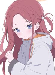 Rule 34 | 1girl, absurdres, blue archive, blue eyes, blush, bow, braid, commentary request, forehead, hair bow, halo, highres, jacket, jyt, long hair, long sleeves, looking at viewer, parted bangs, parted lips, red hair, simple background, solo, very long hair, white background, white bow, white jacket, yuzu (blue archive)