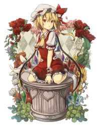 Rule 34 | 1girl, ascot, blonde hair, bug, butterfly, chrysanthemum, clover, clover (flower), dress, flandre scarlet, flower, gensou aporo, hat, hat ribbon, heart, insect, lily (flower), lily of the valley, looking away, mob cap, pillar, puffy short sleeves, puffy sleeves, red dress, red eyes, red flower, red rose, ribbon, rose, shirt, short sleeves, side ponytail, simple background, sitting, solo, sunflower, touhou, wariza, white hat, wings, wrist cuffs
