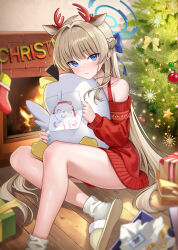 1girl absurdres alternate_costume bare_shoulders blue_archive closed_mouth doodle_sensei_(blue_archive) halo highres indoors long_sleeves looking_at_viewer off_shoulder red_sweater sensei_(blue_archive) sitting slippers socks solo ssong2 sweater toki_(blue_archive) white_socks