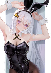 Rule 34 | 1girl, alternate costume, alternate hairstyle, animal ear hairband, animal ears, armpits, arms up, black hairband, black leotard, blush, breasts, cleavage, closed mouth, commentary request, contrapposto, cowboy shot, cross tie, detached collar, drop shadow, fake animal ears, grey background, hair flowing over, hair ornament, hairband, head tilt, highres, kizuna akari, large breasts, leotard, long hair, looking at viewer, nose blush, outside border, pantyhose, pillarboxed, playboy bunny, purple eyes, rabbit ear hairband, rabbit ears, solo, sweatdrop, takanashi yuki, vocaloid, voiceroid, white hair, wrist cuffs