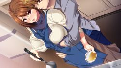 Rule 34 | 1boy, 1girl, anim mother &amp; wife, apron, blush, breasts, brown eyes, brown hair, cooking, covered erect nipples, floor, game cg, grabbing, grabbing another&#039;s breast, hand under clothes, hand under shirt, hetero, holding, hozumi kaoru, ichinose natsumi, itsu made mo musuko no mama ja irarenai!, kitchen, ladle, large breasts, mature female, mother and son, open mouth, shirt, short hair, smile, standing