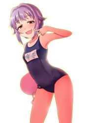 Rule 34 | 1girl, :d, bare arms, bare shoulders, blue one-piece swimsuit, blush, breasts, brown eyes, collarbone, commentary request, finger to mouth, hair flaps, idolmaster, idolmaster cinderella girls, koshimizu sachiko, leaning forward, momoda yasuhito, name tag, old school swimsuit, one-piece swimsuit, open mouth, outline, purple hair, school swimsuit, short hair, sidelocks, small breasts, smile, solo, swimsuit, white background, yellow outline