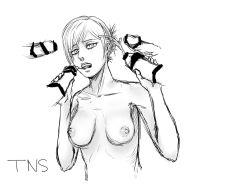 Rule 34 | 1girl, annie leonhardt, artist name, bar censor, breasts, censored, cum, cum in mouth, disembodied penis, ejaculation, facial, greyscale, handjob, medium breasts, monochrome, multiple penises, nervous, nude, penis, shingeki no kyojin, simple background, solo focus, sweatdrop, tns, white background