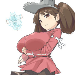 Rule 34 | &gt;:), 10s, 1girl, alternate breast size, april fools, blush, breast padding, breast rest, breasts, brown hair, commentary request, huge breasts, japanese clothes, kantai collection, large breasts, long hair, long sleeves, looking at viewer, pleated skirt, ribbon, ryuujou (kancolle), shikigami, simple background, skirt, smile, solo, twintails, uchiage cola, v-shaped eyebrows, visor cap, white background