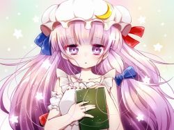 Rule 34 | 1girl, :&lt;, alternate costume, arm strap, bad id, bad pixiv id, bare arms, book, crescent, dress, fuu (07199382), hair ribbon, hat, long hair, looking at viewer, mob cap, patchouli knowledge, purple eyes, purple hair, ribbon, sleeveless, sleeveless dress, solo, star (symbol), touhou, tress ribbon, upper body, very long hair, white dress