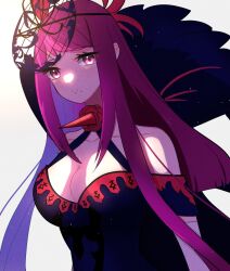 Rule 34 | 1girl, bare shoulders, bloom, breasts, cleavage, collarbone, dress, elbow gloves, fascinator, fire emblem, fire emblem engage, flower, gloves, gmais2514, hair ornament, ivy (fire emblem), large breasts, long hair, looking at viewer, mole, mole under mouth, nintendo, purple eyes, purple hair, rose, see-through, see-through headwear, simple background, solo, spiked, sunlight, white background, white gloves