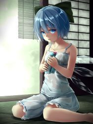 Rule 34 | 1girl, bad id, bad pixiv id, bare arms, bare shoulders, barefoot, bloomers, blue eyes, blue hair, bow, breasts, chemise, cirno, collarbone, hair bow, highres, ice, ice wings, looking at viewer, matching hair/eyes, open door, open mouth, pokio, ramune, see-through, shirt, short hair, sitting, small breasts, solo, sweat, tatami, touhou, underwear, underwear only, wariza, wet, wet bloomers, wet clothes, wet shirt, wings