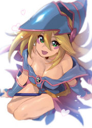 Rule 34 | 1girl, bad id, bad pixiv id, bare shoulders, blonde hair, blush stickers, breasts, choker, cleavage, colored skin, dark magician girl, duel monster, green eyes, hair between eyes, hat, heart, ikuchan kaoru, large breasts, long hair, looking at viewer, looking up, multicolored skin, open mouth, pentacle, simple background, solo, thighs, vambraces, white background, wizard hat, yu-gi-oh!, yu-gi-oh! duel monsters