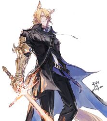 Rule 34 | 1boy, animal ear fluff, animal ears, arknights, black coat, black pants, blonde hair, blue coat, blue shirt, coat, collared shirt, cowboy shot, dated, frown, gauntlets, holding, holding sword, holding weapon, horse boy, horse ears, horse tail, looking at viewer, male focus, mlynar (arknights), necktie, oisyox72, pants, shirt, short hair, signature, simple background, single gauntlet, solo, sword, tail, two-sided coat, two-sided fabric, weapon, white background, white necktie