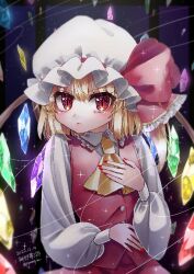 Rule 34 | 1girl, adapted costume, ascot, blonde hair, bow, breasts, closed mouth, collared shirt, crystal, dark background, dated, flandre scarlet, frilled bow, frilled shirt collar, frills, glowing, glowing wings, hand on own chest, hand on own stomach, hat, hat bow, hat ribbon, head tilt, kamina yumeko, long sleeves, looking at viewer, mob cap, multicolored wings, nail polish, puffy long sleeves, puffy sleeves, red bow, red eyes, red nails, red ribbon, red skirt, red vest, ribbon, ribbon-trimmed headwear, ribbon trim, shirt, skirt, skirt set, small breasts, solo, touhou, twitter username, vest, white hat, white shirt, window, wings, yellow ascot