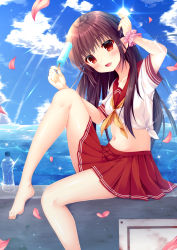 Rule 34 | 1girl, :d, arm up, barefoot, blue sky, blush, bottle, brown hair, cloud, collarbone, commentary request, day, diffraction spikes, fingernails, food, fujikura ryuune, hair between eyes, hand up, head tilt, highres, holding, holding food, long hair, looking at viewer, midriff, navel, neckerchief, open mouth, orange neckerchief, original, outdoors, petals, pink scrunchie, pleated skirt, popsicle, red eyes, red sailor collar, red skirt, sailor collar, school uniform, scrunchie, serafuku, shirt, short sleeves, sitting, skirt, sky, smile, solo, tied shirt, toenails, very long hair, water bottle, white shirt, wrist scrunchie
