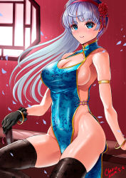 Rule 34 | 1girl, armlet, artist name, bangle, black gloves, black thighhighs, blue dress, blue eyes, bracelet, breasts, cherosuke2015, china dress, chinese clothes, cleavage, cleavage cutout, clothing cutout, dated, dress, flower, folding fan, gloves, hair flower, hair ornament, hairband, hand fan, highres, indoors, jewelry, large breasts, long hair, lucille (sennen sensou aigis), red hairband, sennen sensou aigis, sitting, skindentation, smile, solo, thighhighs, white hair