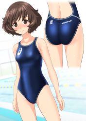 Rule 34 | 1girl, absurdres, akiyama yukari, alternate costume, arms at sides, asics, ass, blue one-piece swimsuit, blurry, blurry background, blush, breasts, brown eyes, brown hair, character name, clothes writing, collarbone, competition swimsuit, cowboy shot, cropped legs, cropped torso, depth of field, embarrassed, emblem, from behind, girls und panzer, gluteal fold, highres, lane line, legs apart, logo, looking at viewer, lower body, multiple views, nose blush, one-piece swimsuit, pool, poolside, qr code, short hair, small breasts, standing, swept bangs, swimsuit, takafumi, thighs, water, wavy hair