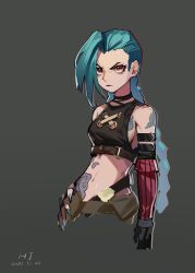 Rule 34 | 1girl, absurdres, arcane: league of legends, arcane jinx, asymmetrical bangs, bare shoulders, black choker, black gloves, braid, breasts, brown background, brown shirt, choker, cloud tattoo, commentary request, crop top, cropped legs, dated, female focus, fingernails, gloves, green hair, highres, jinx (league of legends), league of legends, looking at viewer, medium breasts, nail polish, pink nails, sharp fingernails, shirt, shoulder tattoo, simple background, solo, stomach tattoo, striped sleeves, tattoo, twin braids, twintails, xiaohuanjie
