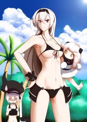 Rule 34 | 10s, 3girls, absurdres, abyssal ship, air defense princess, barefoot, beach, bikini, black bikini, breast envy, breasts, cloud, cloudy sky, colored skin, day, destroyer princess, duplicate, fedsnk, flat chest, hairband, hat, highres, horns, kantai collection, long hair, md5 mismatch, mittens, multiple girls, northern ocean princess, open mouth, palm tree, purple eyes, red eyes, showgirl skirt, side ponytail, sky, smile, sweatdrop, swimsuit, tree, white hair, white skin, yellow eyes