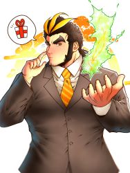 Rule 34 | 1boy, absurdres, alternate costume, bara, black hair, blonde hair, blush, facial hair, finger to face, formal, halo, halo behind head, highres, large pectorals, long sideburns, looking at viewer, male focus, multicolored hair, necktie, pectorals, sideburns, solo, streaked hair, stubble, suit, thick eyebrows, thought bubble, tokyo houkago summoners, toshun (momotoshi), upper body, yamasachihiko (housamo)