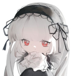 Rule 34 | 1girl, absurdres, black dress, black ribbon, chibi, closed mouth, dress, gothic lolita, hair ribbon, hairband, highres, lolita fashion, lolita hairband, long hair, looking at viewer, red eyes, ribbon, rozen maiden, simple background, solo, suigintou, tetee, very long hair, white background, white hair