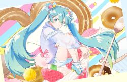 Rule 34 | 1girl, agonasubi, aqua eyes, aqua hair, blue ribbon, blue shirt, candy, candy hair ornament, commentary, cream, doughnut, drinking straw, food, food-themed hair ornament, from side, full body, hair ornament, hair ribbon, hairclip, hatsune miku, high heels, knees up, lollipop, long hair, looking at viewer, mint, own hands together, pout, ribbon, see-through, see-through sleeves, shirt, shorts, sitting, slippers, socks, solo, spoon, star (symbol), sweets, twintails, v-shaped eyebrows, very long hair, vocaloid, waffle, white shorts, white socks