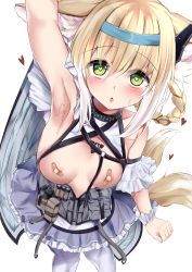Rule 34 | 1girl, absurdres, animal ears, arknights, arm up, armpits, bandaid, bandaids on nipples, blonde hair, blue hairband, blue skirt, commentary request, earpiece, fox ears, fox girl, fox tail, green eyes, hair rings, hairband, headpat, highres, infection monitor (arknights), kokihanada, long hair, looking at viewer, multiple tails, nipples, open mouth, pantyhose, pasties, pov, simple background, skirt, smile, solo, suzuran (arknights), tail, translation request, white background, white pantyhose