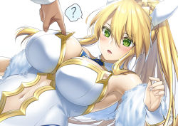 Rule 34 | 1girl, ?, animal ears, artoria pendragon (all), artoria pendragon (fate), artoria pendragon (swimsuit ruler) (fate), bare shoulders, blonde hair, blush, braid, breast poke, breasts, cleavage, clothing cutout, commentary request, detached collar, fake animal ears, fate/grand order, fate (series), french braid, green eyes, hair between eyes, large breasts, leotard, long hair, looking at viewer, navel, navel cutout, necktie, pantyhose, parted lips, playboy bunny, poking, ponytail, rabbit ears, sidelocks, simple background, solo focus, spoken question mark, suzuki nene, tiara, white leotard