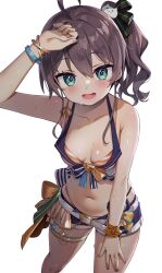 Rule 34 | 1girl, :d, absurdres, ahoge, aqua eyes, ayaoshiro, bikini, black ribbon, bracelet, breasts, collarbone, fingernails, hair ribbon, hand on own thigh, hand up, highres, hololive, jewelry, looking at viewer, medium breasts, nail polish, natsuiro matsuri, navel, open mouth, ribbon, side ponytail, simple background, smile, standing, striped bikini, striped clothes, striped ribbon, sweat, swimsuit, teeth, virtual youtuber, white background