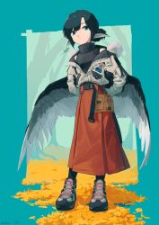 Rule 34 | 1girl, absurdres, animal ears, aqua background, aqua eyes, artist name, bare shoulders, belt, bird ears, bird girl, black belt, black hair, black legwear, black sweater, black wings, buckle, closed mouth, cross-laced footwear, doggo 1d34, expressionless, full body, fur-trimmed jacket, fur trim, ginkgo leaf, grey footwear, grey jacket, grey wings, highres, hood, hood down, hooded jacket, jacket, leaf, long skirt, long sleeves, looking at viewer, off shoulder, orange skirt, original, outdoors, outside border, pleated skirt, ponytail, ribbed sweater, shoelaces, shoes, short hair, signature, skirt, sleeveless, sleeveless sweater, snap-fit buckle, solo, standing, sweater, turtleneck, turtleneck sweater, utility belt, white wings, wings, zipper