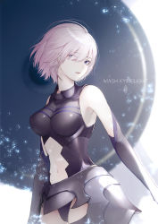 Rule 34 | 1girl, armored leotard, bare shoulders, black gloves, black leotard, character name, commentary request, elbow gloves, fate/grand order, fate (series), gloves, hair over one eye, highres, leotard, looking at viewer, marumoru, mash kyrielight, navel, parted lips, pink hair, purple eyes, solo