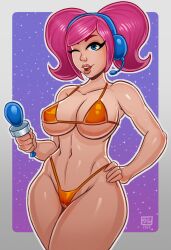 Rule 34 | 1girl, artist request, bikini, breasts, cameltoe, cleavage, cleft of venus, headset, large breasts, lipstick, makeup, navel, one eye closed, pink hair, solo, space channel 5, swimsuit, thighs, thong bikini, ulala, underboob, wide hips, wink