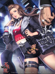 Rule 34 | 1girl, bag, blue eyes, bracelet, brown hair, collar, crop top, dated, dutch angle, furyou michi ~gang road~, jacket, jewelry, leather, leather jacket, lips, long hair, lots of jewelry, love cacao, necklace, pompadour, shorts, stuffed animal, stuffed toy, sword, teddy bear, thigh strap, weapon