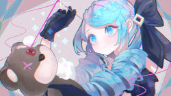 Rule 34 | 1girl, black choker, black gloves, blue eyes, blue hair, choker, drill hair, frills, gloves, gwen (league of legends), hair ornament, holding, holding needle, league of legends, light blue hair, long hair, needle, pink pupils, smile, solo, star-shaped pupils, star (symbol), stuffed animal, stuffed toy, symbol-shaped pupils, teddy bear, thread, tibbers, twintails, usagi (3828164)