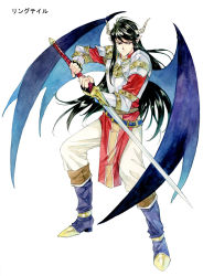 Rule 34 | 1boy, agahari, armor, belt, black hair, boots, breastplate, demon boy, demon horns, demon wings, fighting stance, frown, full body, furrowed brow, holding, holding sword, holding weapon, horns, knee boots, legs apart, long hair, looking at viewer, lost technology, male focus, non-web source, pants, pauldrons, purple wings, ringtail (lost technology), shoulder armor, simple background, solo, squatting, standing, sword, tabard, two-handed, vambraces, very long hair, weapon, white background, wings