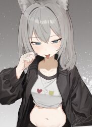 Rule 34 | 1girl, absurdres, animal ears, black jacket, blue archive, blue eyes, dio nand, grey background, grey hair, halo, highres, jacket, looking at viewer, midriff, navel, shiroko (blue archive), shirt, short hair, solo, upper body, white shirt