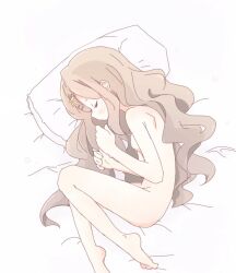 Rule 34 | 1girl, aoba kokona, breasts, commentary request, completely nude, daihi (sqz306), fetal position, flower, grey hair, hair flower, hair ornament, long hair, lying, nude, on side, pillow, sketch, sleeping, small breasts, solo, yama no susume