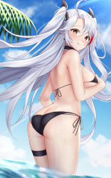 Rule 34 | 1girl, :q, absurdres, ass, azur lane, bikini, black bikini, black neckwear, black ribbon, blue sky, blush, breasts, choker, closed mouth, commentary request, cross, cross earrings, earrings, from behind, hair ornament, hair ribbon, halterneck, highres, jewelry, jyu-so, large breasts, long hair, looking at viewer, looking back, multicolored hair, official alternate costume, outdoors, parted bangs, prinz eugen (azur lane), red eyes, red hair, revision, ribbon, side-tie bikini bottom, silver hair, sky, smile, solo, streaked hair, string bikini, swimsuit, thigh strap, thighs, tongue, tongue out, two side up, underboob, wading, wet