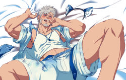 Rule 34 | 1boy, absurdres, animal ears, bara, beard, biting, blush, bulge, cat ears, cat tail, check copyright, copyright request, crotch, facial hair, fake animal ears, feet out of frame, finger biting, grey hair, highres, kito (clamp5656), lifeguard, looking at viewer, lying, male focus, male swimwear, mature male, midriff peek, muscular, muscular male, on back, on bed, open clothes, open shirt, original, pectorals, presenting, short hair, sideburns, sidepec, solo, spread legs, swim trunks, tail, tank top, thick thighs, thighs, whistle, whistle around neck, white male swimwear, white tank top