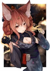 Rule 34 | 1girl, :o, animal ear fluff, animal ears, anthuria, black gloves, black kimono, black sleeves, blush, braid, braided hair rings, breasts, brown eyes, brown hair, cleavage, commentary request, detached sleeves, erune, floral print, gloves, granblue fantasy, hair between eyes, hair ornament, hair rings, hands up, japanese clothes, kimono, long sleeves, looking at viewer, medium breasts, multicolored hair, obi, parted lips, print kimono, samescher, sash, single glove, sleeveless, sleeveless kimono, solo, sweat, wide sleeves, yukata