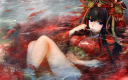 Rule 34 | 1girl, black hair, blue eyes, character request, female focus, fish, goldfish, hair ornament, highres, japanese clothes, kimono, looking at viewer, lying, soaking, soaking feet, solo, traditional clothes, underwater, wading, water, zhang xiao bo