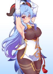 Rule 34 | 1girl, ahoge, armpits, arms up, bell, blue background, blue hair, bodysuit, breasts, brown bodysuit, closed mouth, covered erect nipples, cowbell, detached sleeves, ganyu (genshin impact), genshin impact, goat horns, gradient background, horns, ikue fuuji, large breasts, long hair, looking at viewer, paid reward available, red eyes, solo, thick eyebrows