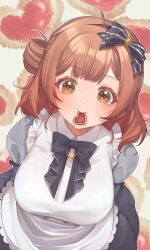 1girl apron blush bow breasts brown_hair chami_(charming621) commentary cookie dutch_angle food food-themed_background frilled_apron frills gakuen_idolmaster hair_bow hair_bun hanami_ume heart heart-shaped_food highres idolmaster large_breasts looking_at_viewer mouth_hold orange_hair single_side_bun smile solo white_apron