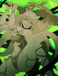 Rule 34 | 1girl, barbariccia, breasts, colored sclera, colored skin, final fantasy, final fantasy xiv, fingernails, green background, green hair, green nails, green panties, green sclera, green skin, hair between eyes, highres, holding, holding sword, holding weapon, koyorin, large breasts, long hair, navel, panties, revealing clothes, sharp fingernails, smile, solo, sword, underwear, very long hair, weapon, yellow eyes