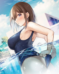 Rule 34 | 1girl, adjusting clothes, adjusting swimsuit, armpits, ass, bare arms, bare shoulders, blue sky, breasts, brown hair, commentary request, day, from side, highres, large breasts, looking at viewer, looking to the side, original, outdoors, parted lips, partial commentary, pool, profile, purple eyes, shiro kuma shake, short hair, sky, swimsuit, upper body, water, wedgie, wet