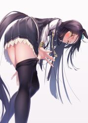 Rule 34 | 1girl, absurdres, animal ears, bent over, black hair, black pantyhose, black shirt, black skirt, blue eyes, blush, covered mouth, earrings, feet out of frame, fine fabric emphasis, grey background, highres, horse ears, horse girl, horse tail, jewelry, legs, long hair, long sleeves, looking at viewer, manhattan cafe (umamusume), necktie, no coat, pantyhose, reo-illust4696, shirt, single earring, skirt, solo, standing, tail, umamusume, undressing, yellow eyes, yellow necktie