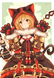 Rule 34 | 1girl, absurdres, animal ears, animal hands, animal hood, bad id, bad pixiv id, birdcage, black capelet, black dress, blonde hair, blush, brown eyes, cage, capelet, cat, cat ears, cat girl, cat hood, cat tail, closed mouth, commentary request, cosplay, cowboy shot, djeeta (granblue fantasy), dress, fur-trimmed capelet, fur-trimmed gloves, fur trim, gloves, granblue fantasy, hair between eyes, hands up, head tilt, highres, hood, hood up, hooded capelet, knights of glory, kuronekodoushi, kuronekodoushi (cosplay), nekomancer (granblue fantasy), paw gloves, sashima, smile, solo, tail, twitter username