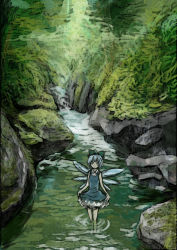 Rule 34 | blue eyes, blue hair, cirno, clothes lift, dress, dress lift, forest, highres, ichimi tougarashi, moss, nature, river, rock, solo, touhou, tree, wading, water