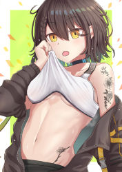 Rule 34 | 1girl, :o, alternate breast size, arm tattoo, azur lane, baltimore (azur lane), baltimore (black ace) (azur lane), bare shoulders, black choker, black shorts, braid, breasts, brown hair, brown jacket, buckle, check commentary, choker, clothes lift, collarbone, commentary request, flower tattoo, french braid, green background, groin, hair between eyes, hand up, highres, jacket, koura zero, lifting own clothes, long sleeves, looking at viewer, medium breasts, navel, off shoulder, official alternate costume, open mouth, short hair, shorts, sidelocks, snap-fit buckle, solo, sports bra, sports bra lift, standing, stomach, stomach tattoo, sweat, tattoo, underboob, upper body, wet bra, white background, white sports bra, yellow eyes, zipper