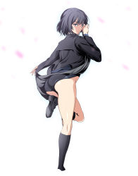 Rule 34 | 1girl, amagami, ass, black eyes, black hair, blush, competition swimsuit, female focus, from behind, full body, highres, looking back, nanasaki ai, one-piece swimsuit, open mouth, school uniform, shino (comic penguin club), short hair, socks, solo, swimsuit, swimsuit under clothes, white background