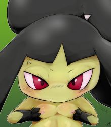Rule 34 | 1girl, 2017, anger vein, angry, blush, breast hold, breasts, breasts squeezed together, cottontail, creatures (company), dated, embarrassed, female focus, game freak, gen 3 pokemon, gradient background, green background, half-closed eyes, hands up, looking at viewer, mawile, nintendo, nipples, no humans, nude, pokemon, pokemon (creature), pokemon rse, red eyes, signature, simple background, small breasts, solo, text focus, upper body, watermark
